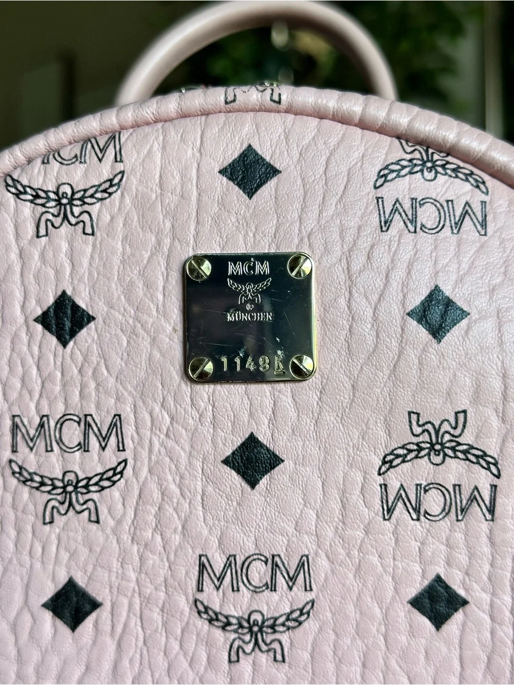 AUTHENTIC MCM Light Pink Logo Studded Visetos Backpack with Gold Plate